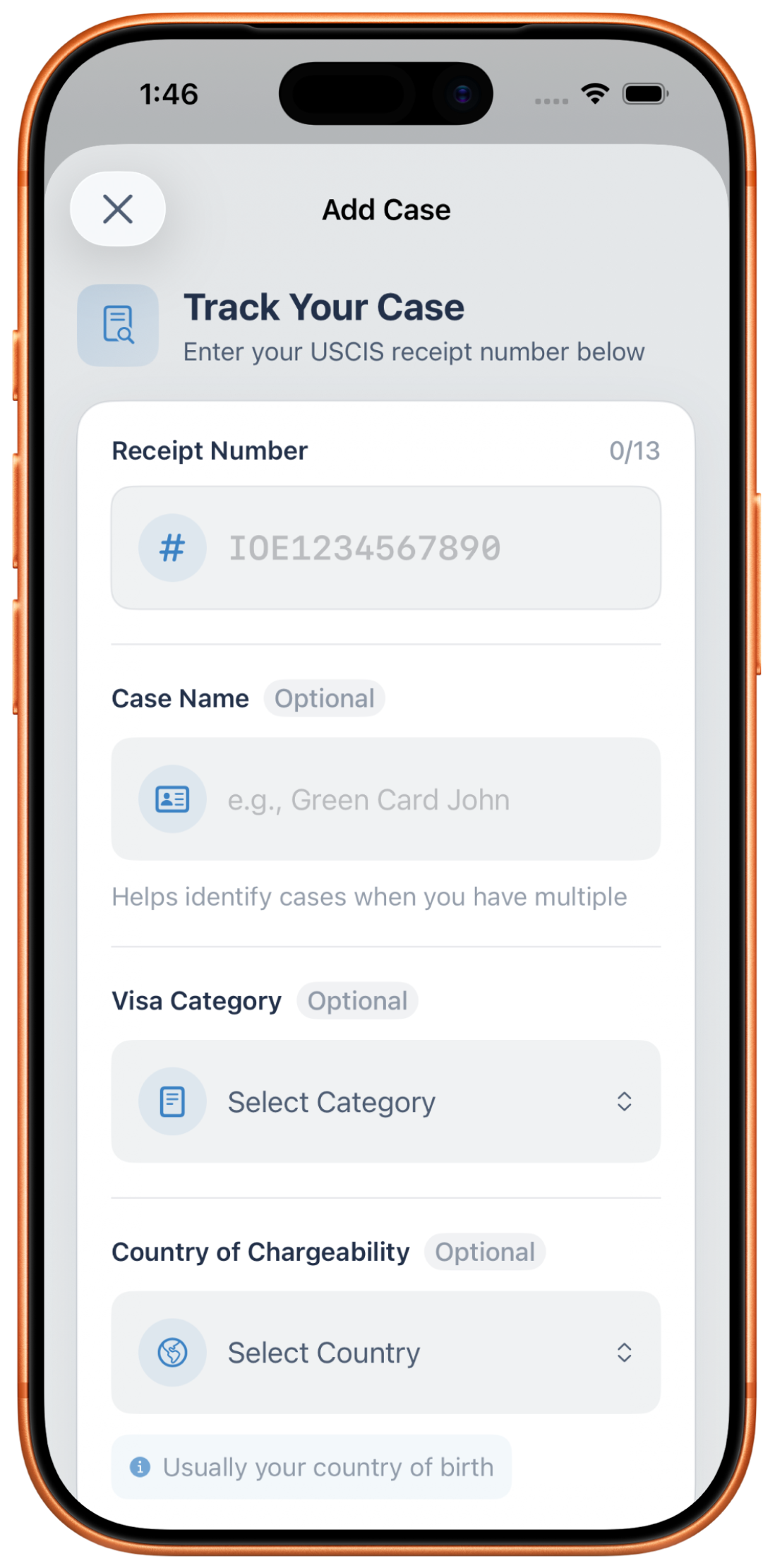 Add Case screen showing receipt number input form