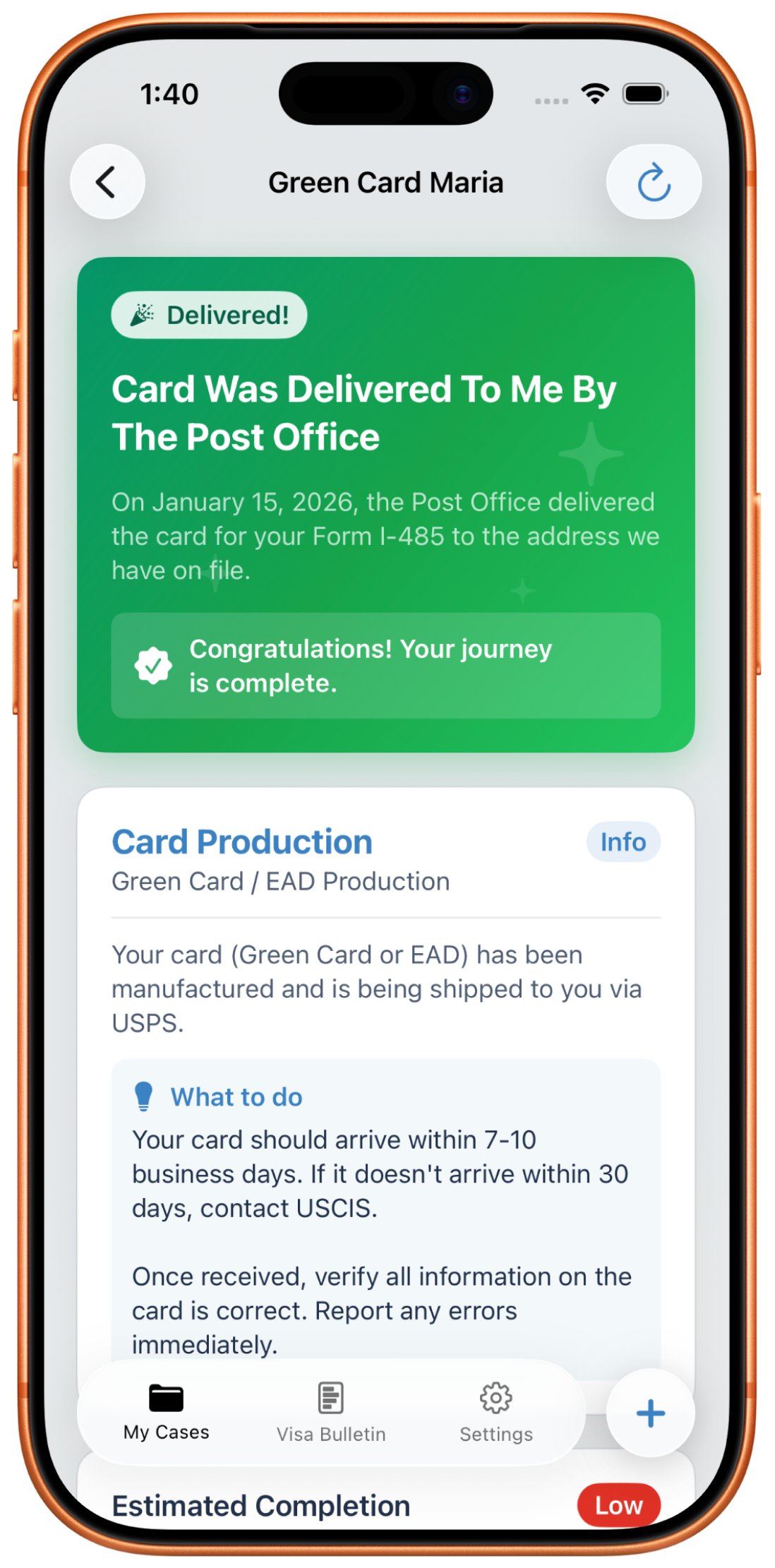 Case detail screen showing delivered status with plain English explanation