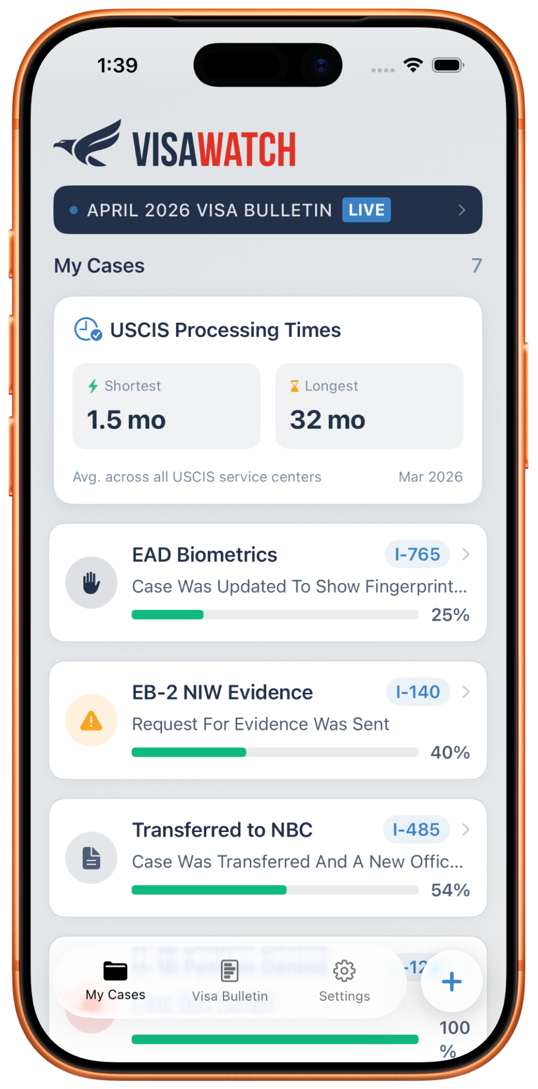 VisaWatch app showing case tracking dashboard