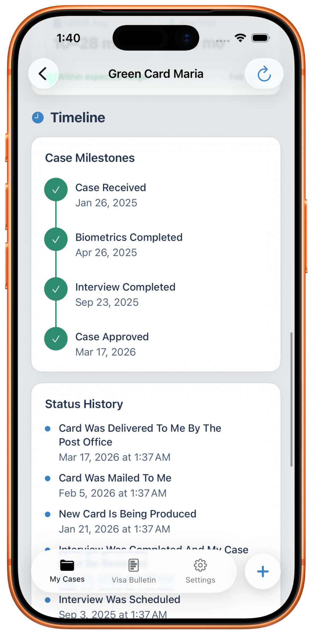 Timeline screen showing case milestones and full status history