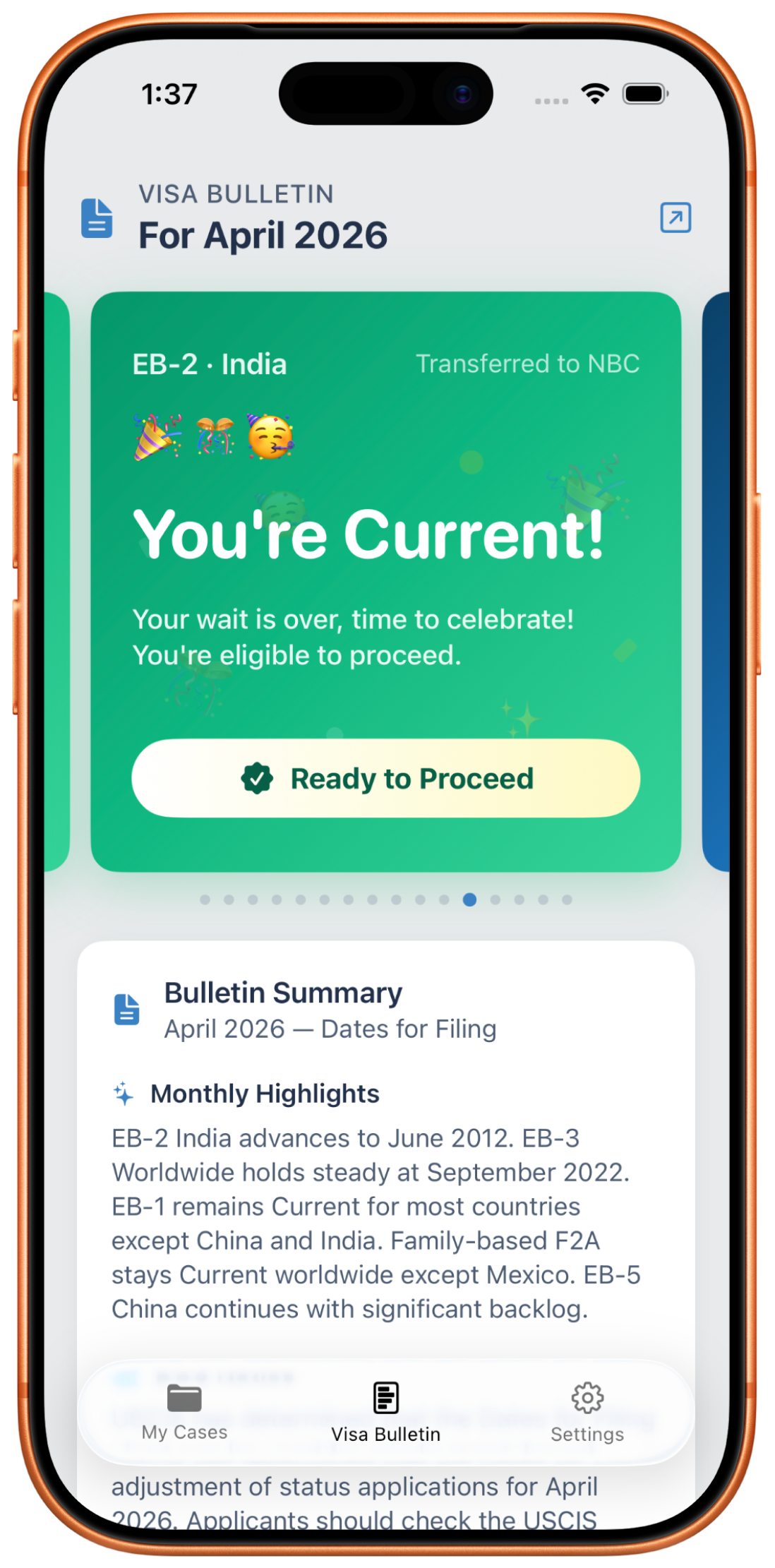 Visa Bulletin screen showing current status and monthly summary